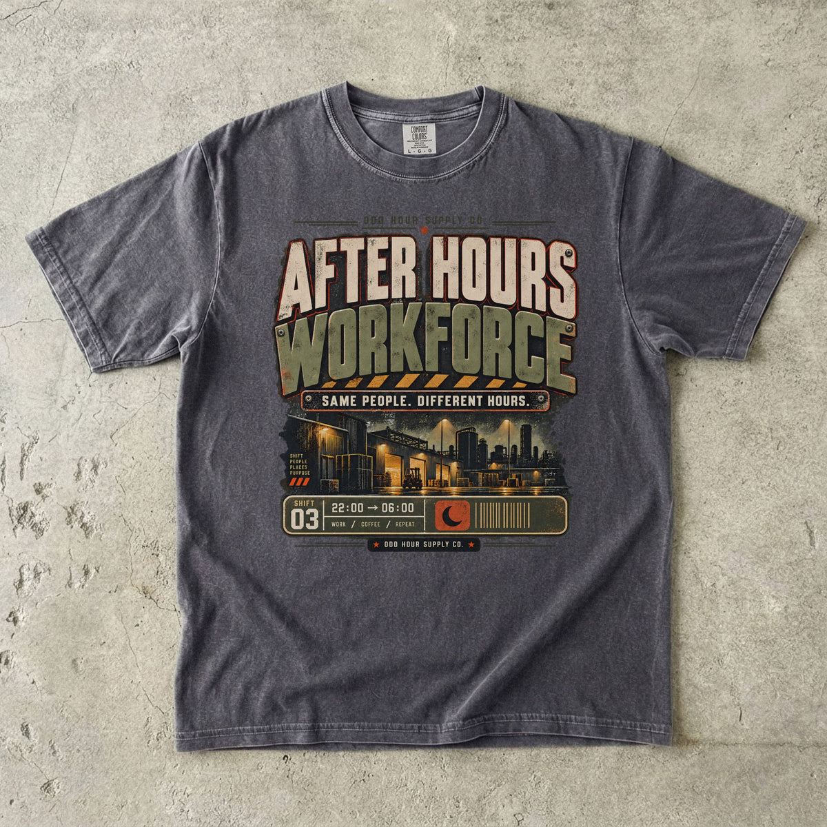 After Hours Workforce T-Shirt in Pepper – Vorderansicht von Odd Hour Supply.