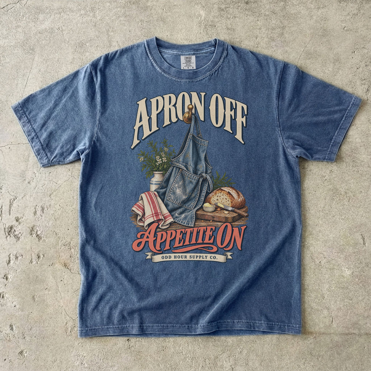 T-Shirt in Denim mit Denimschürze, Brot und APRON OFF APPETITE ON von Odd Hour Supply Co.