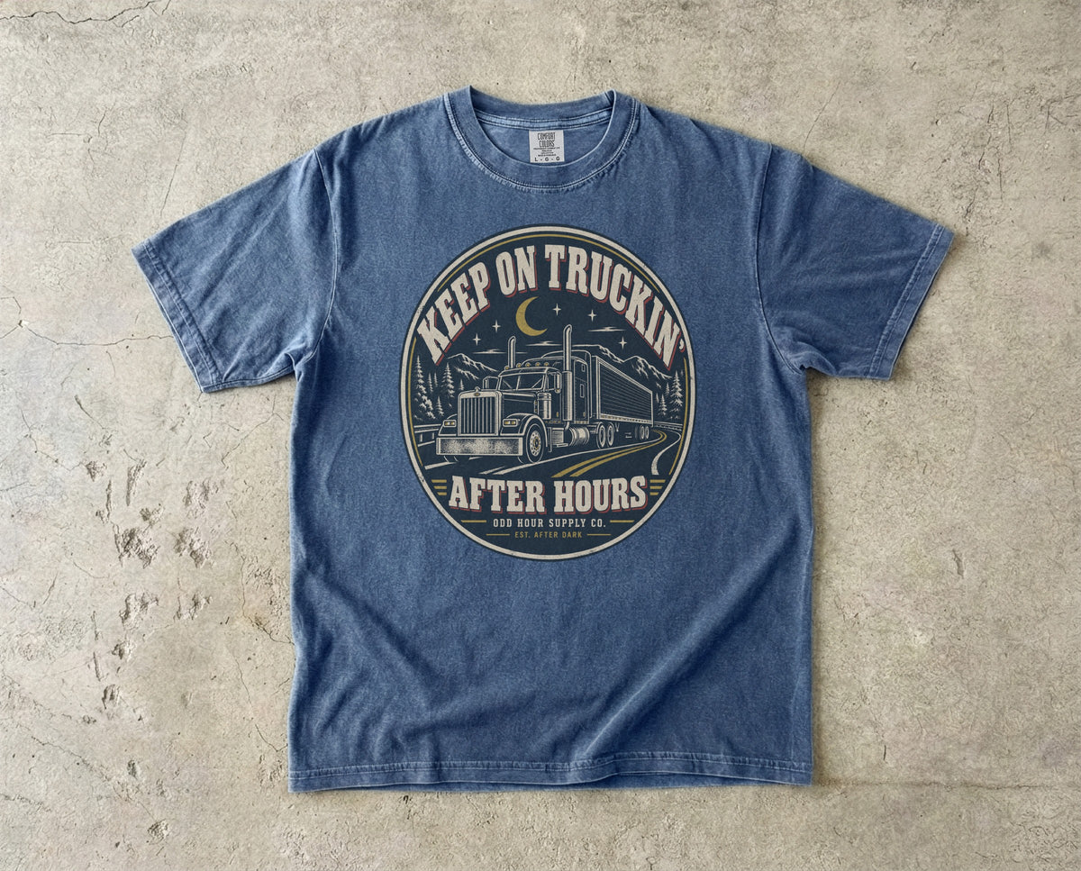 Keep On Truckin' – After Hours T-Shirt in Denim – Vorderansicht von Odd Hour Supply.