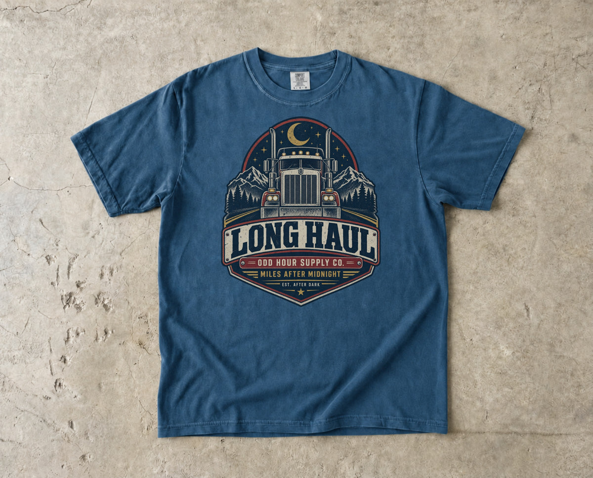 Long Haul – Miles After Midnight T-Shirt in Midnight – Vorderansicht von Odd Hour Supply.