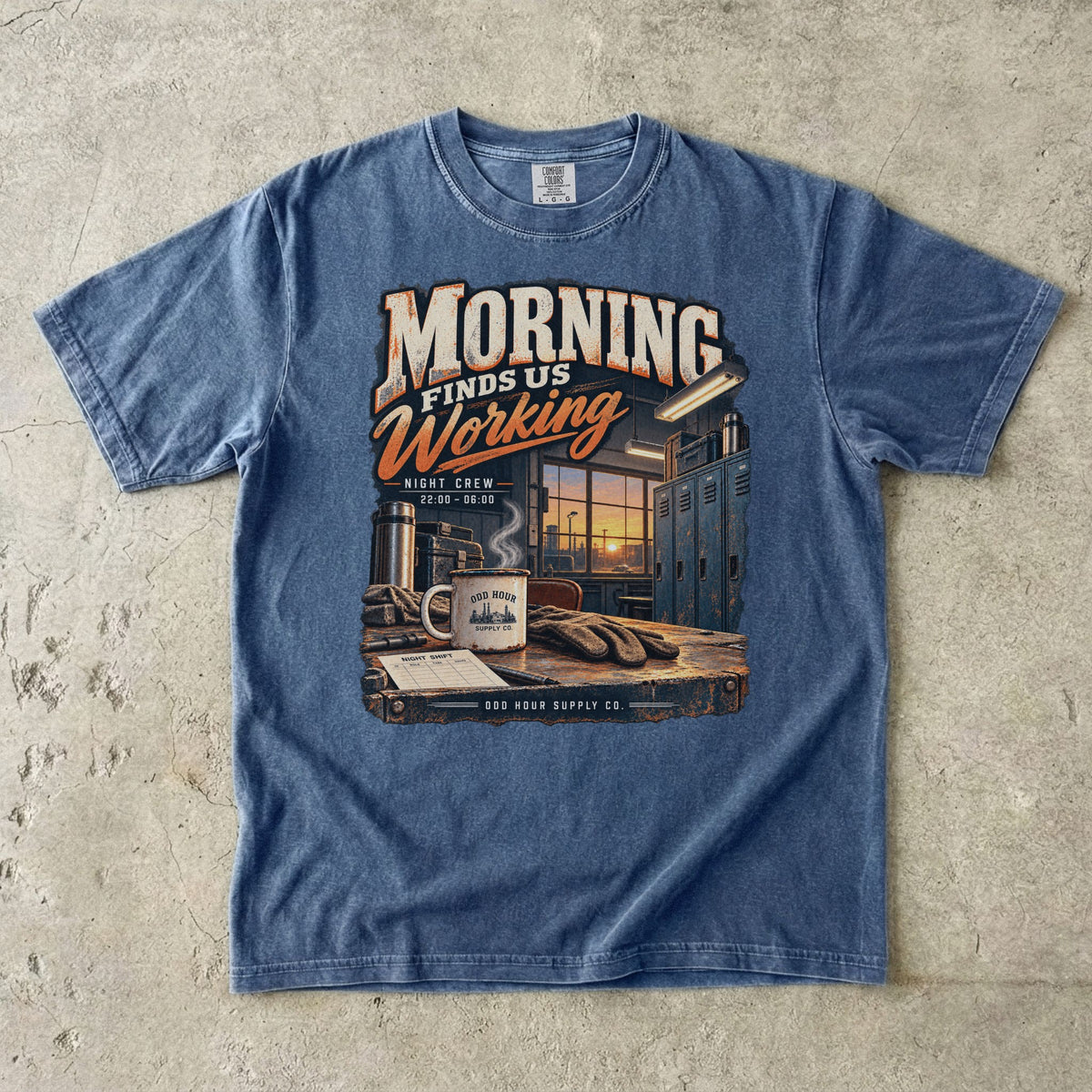 Morning Finds Us Working T-Shirt in Denim – Vorderansicht von Odd Hour Supply.
