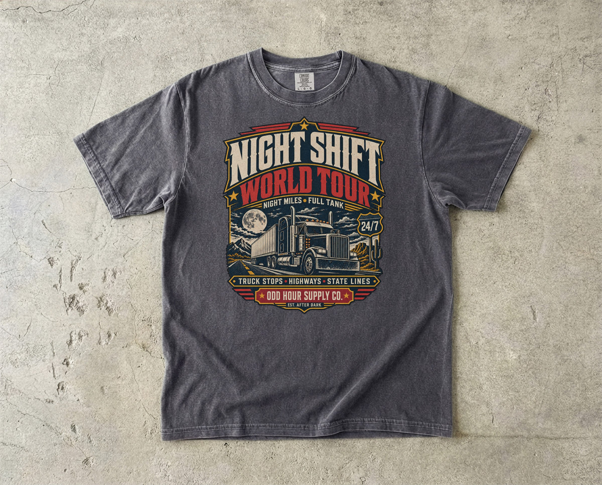 Night Shift World Tour – Night Miles T-Shirt in Pepper – Vorderansicht von Odd Hour Supply.