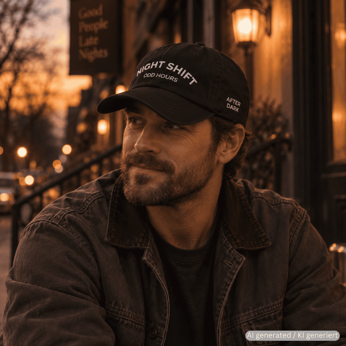 Night Shift bestickte Dad-Cap – Trageansicht von Odd Hour Supply.