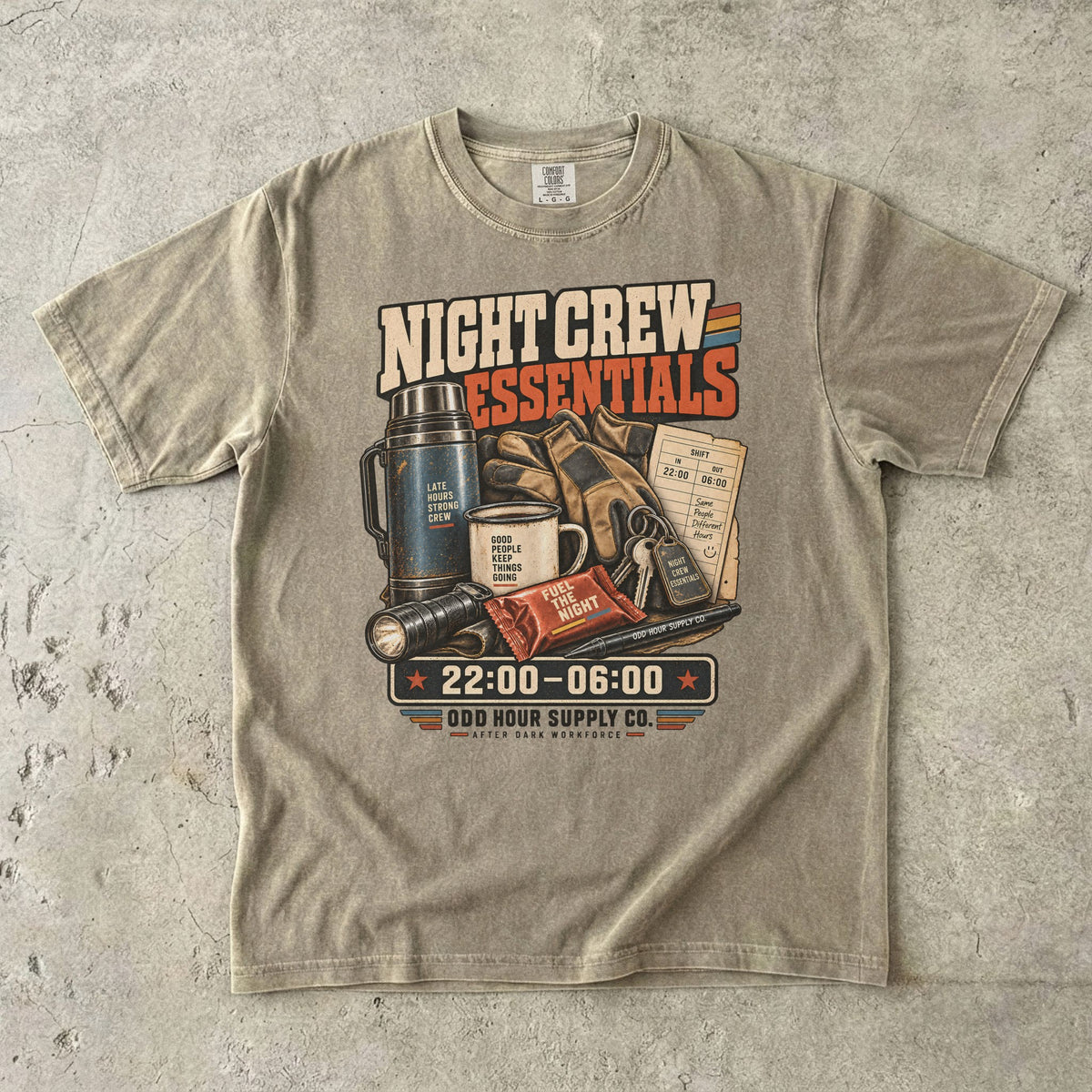 Night Crew Essentials T-Shirt – Vorderansicht von Odd Hour Supply.