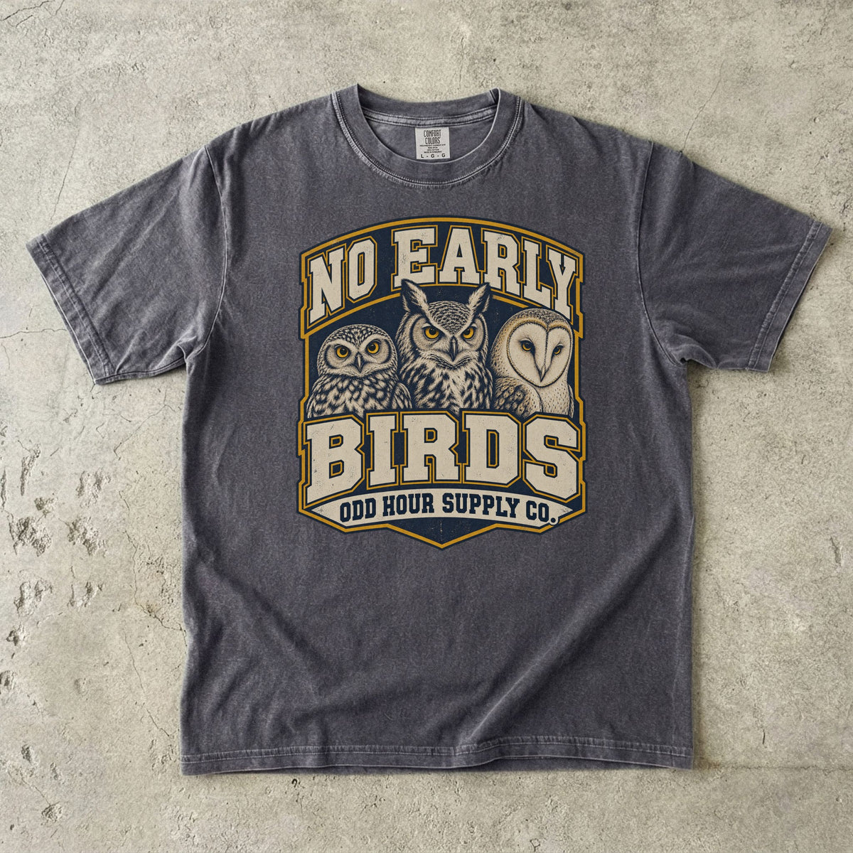 Comfort Colors 1717 T-Shirt in Pepper mit dem Motiv No Early Birds, Vorderansicht