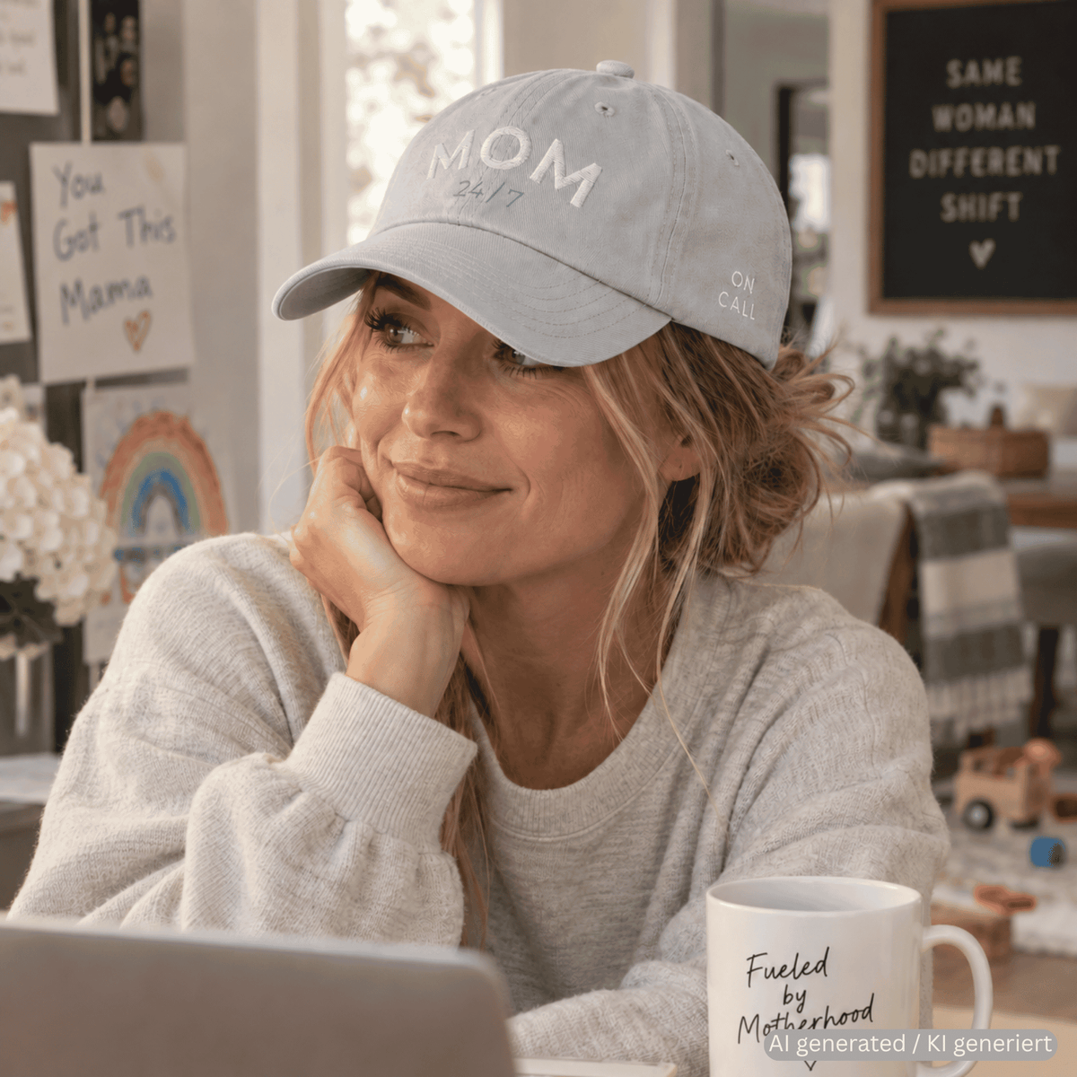 Mom bestickte Cap im Used-Look - Grau – Trageansicht von Odd Hour Supply.
