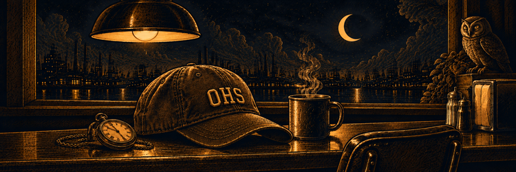 Illustration einer Odd-Hour-Supply-Cap mit goldenem OHS-Monogramm in einem Diner bei Nacht.