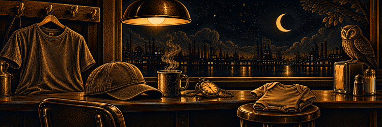 Illustration eines Verkaufstresens bei Nacht mit T-Shirt, Cap, Babybody und einer schläfrigen Eule.