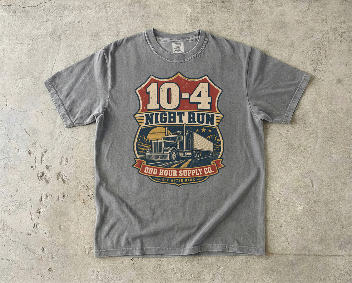10-4 Night Run T-Shirt – Vorderansicht von Odd Hour Supply.