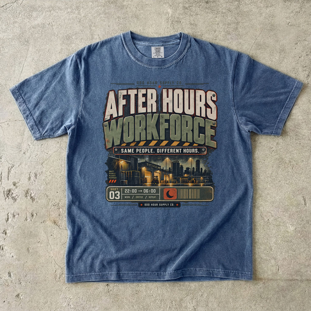 After Hours Workforce T-Shirt in Denim – Vorderansicht von Odd Hour Supply.