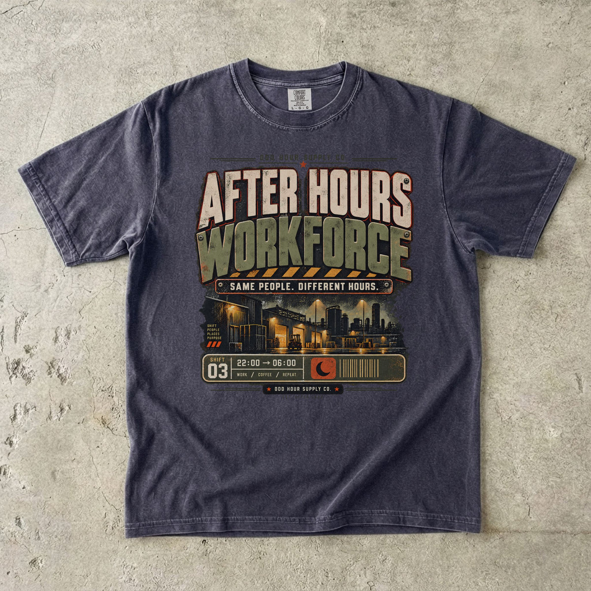 After Hours Workforce T-Shirt in Graphite – Vorderansicht von Odd Hour Supply.