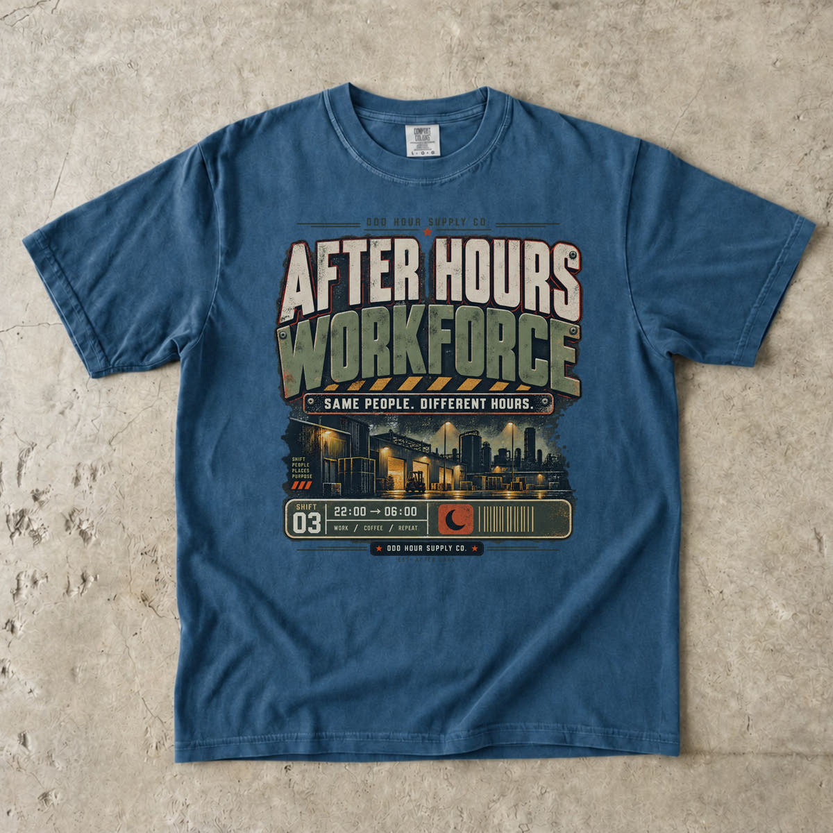 After Hours Workforce T-Shirt in Midnight – Vorderansicht von Odd Hour Supply.