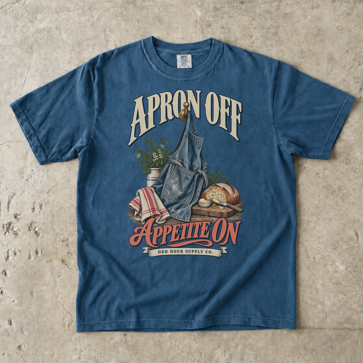 T-Shirt in Midnight mit Denimschürze, Brot und APRON OFF APPETITE ON von Odd Hour Supply Co.