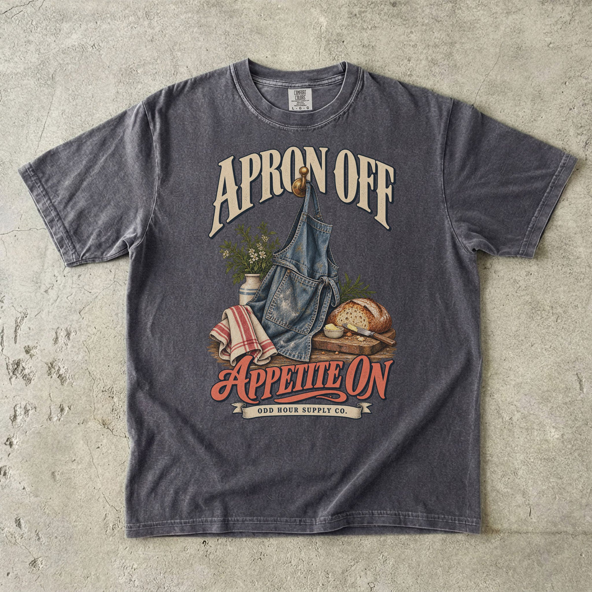 T-Shirt in Pepper mit Denimschürze, Brot und APRON OFF APPETITE ON von Odd Hour Supply Co.