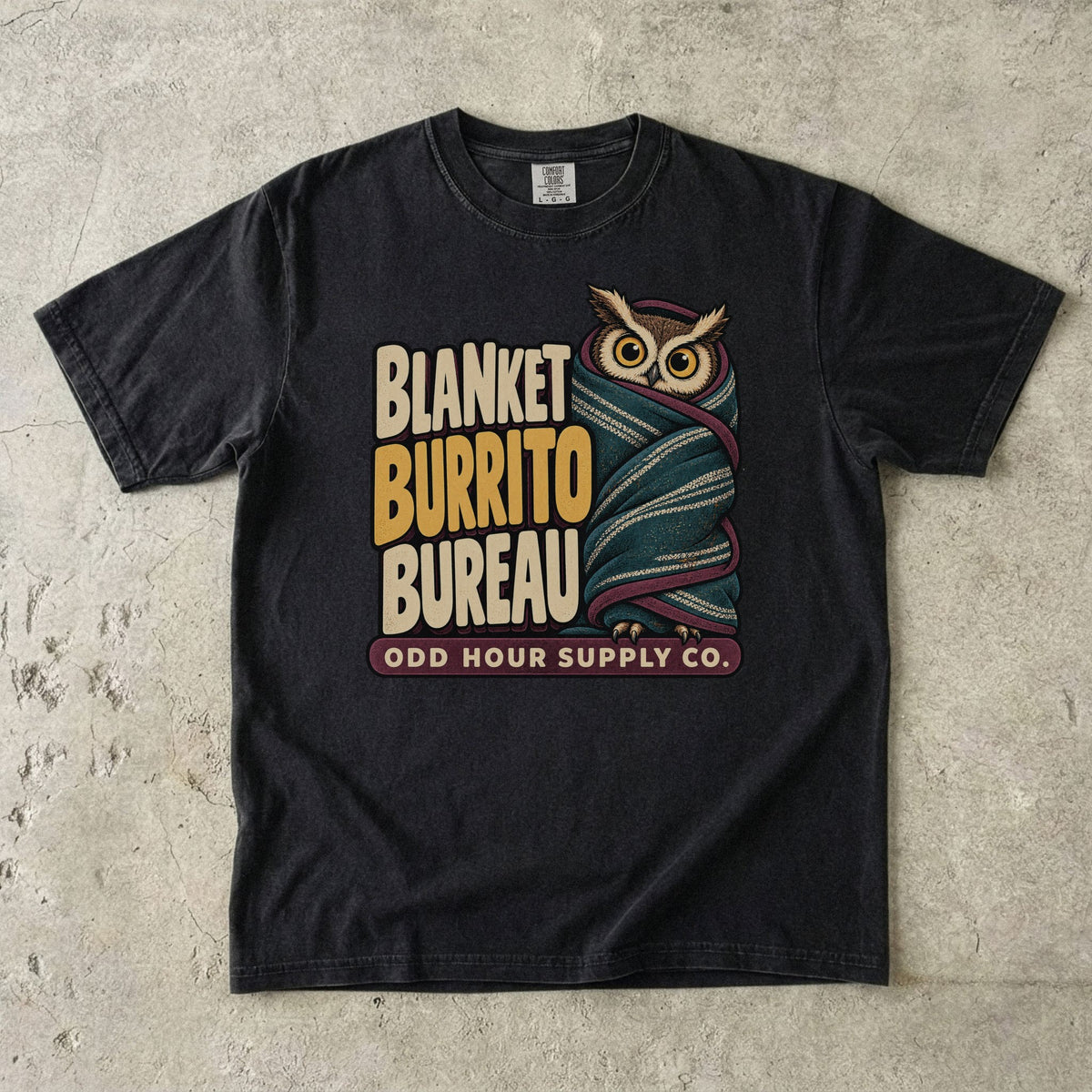 Comfort Colors 1717 T-Shirt in Black mit dem Motiv Blanket Burrito Bureau, Vorderansicht