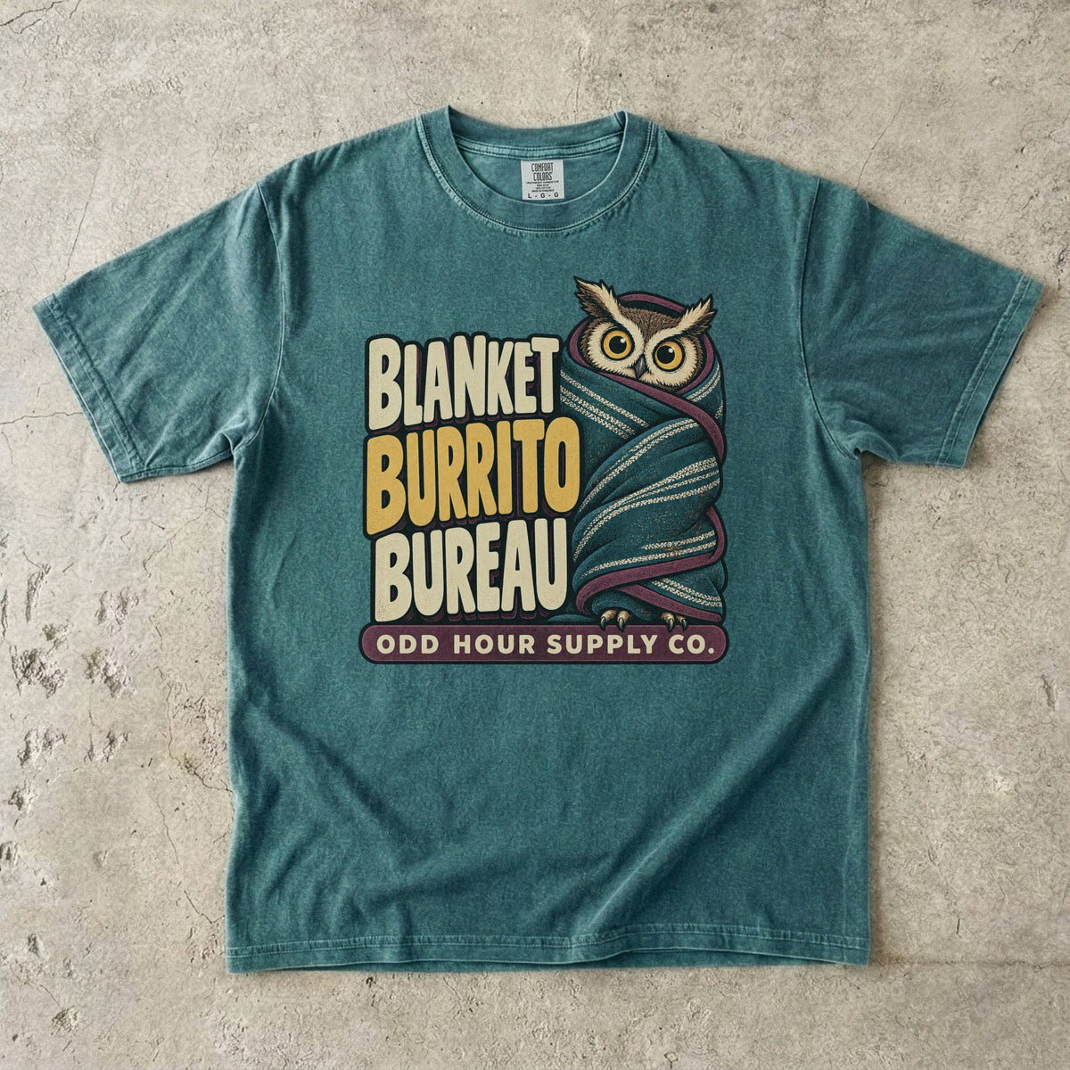 Comfort Colors 1717 T-Shirt in Blue Spruce mit dem Motiv Blanket Burrito Bureau, Vorderansicht