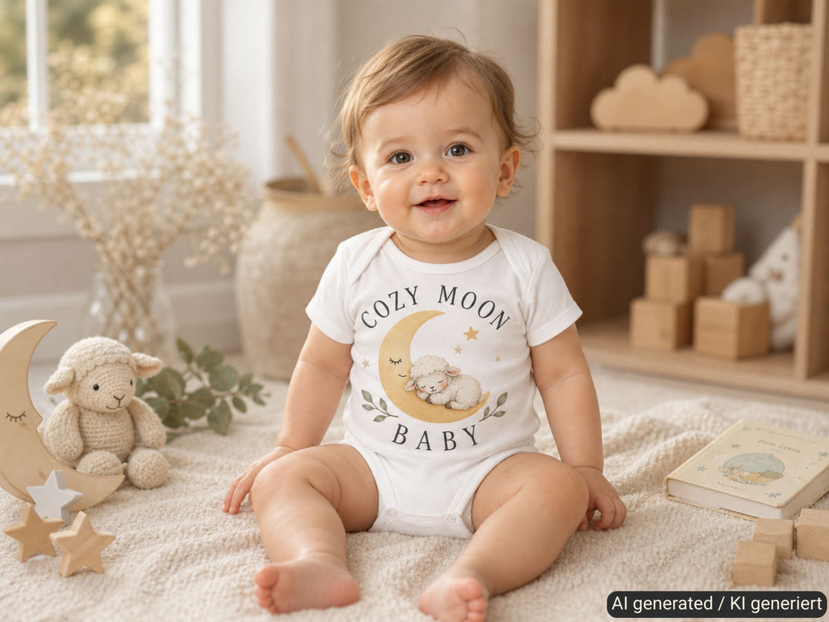 Cozy Moon Lämmchen – Babybody – Trageansicht von Odd Hour Supply.