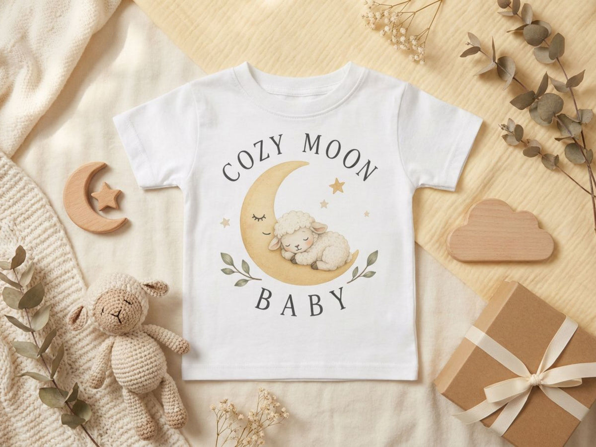 Cozy Moon Lämmchen – Baby T-Shirt – Produktansicht von Odd Hour Supply.