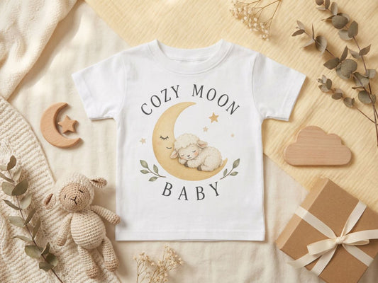 Cozy Moon Lämmchen – Baby T-Shirt – Produktansicht von Odd Hour Supply.