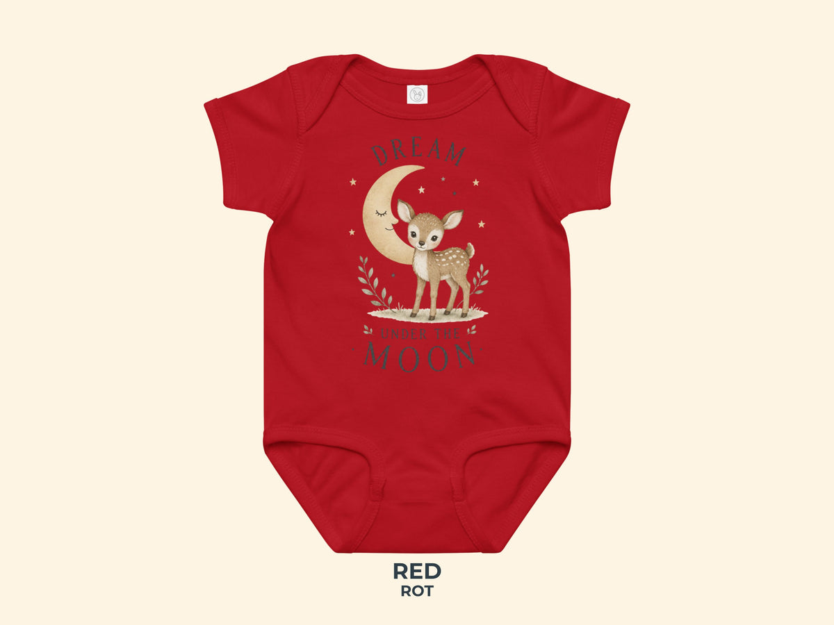 Dream Under The Moon Rehkitz Babybody in Rot – Produktansicht von Odd Hour Supply.