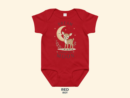 Dream Under The Moon Rehkitz Babybody in Rot – Produktansicht von Odd Hour Supply.