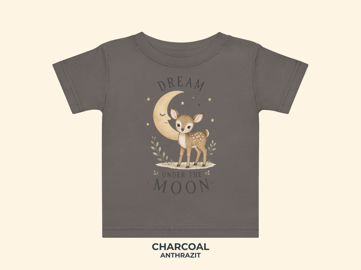 Dream Under The Moon Rehkitz Baby T-Shirt in Anthrazit – Produktansicht von Odd Hour Supply.