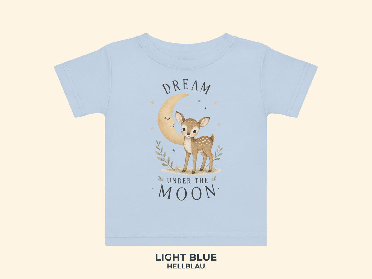 Dream Under The Moon Rehkitz Baby T-Shirt in Hellblau – Produktansicht von Odd Hour Supply.