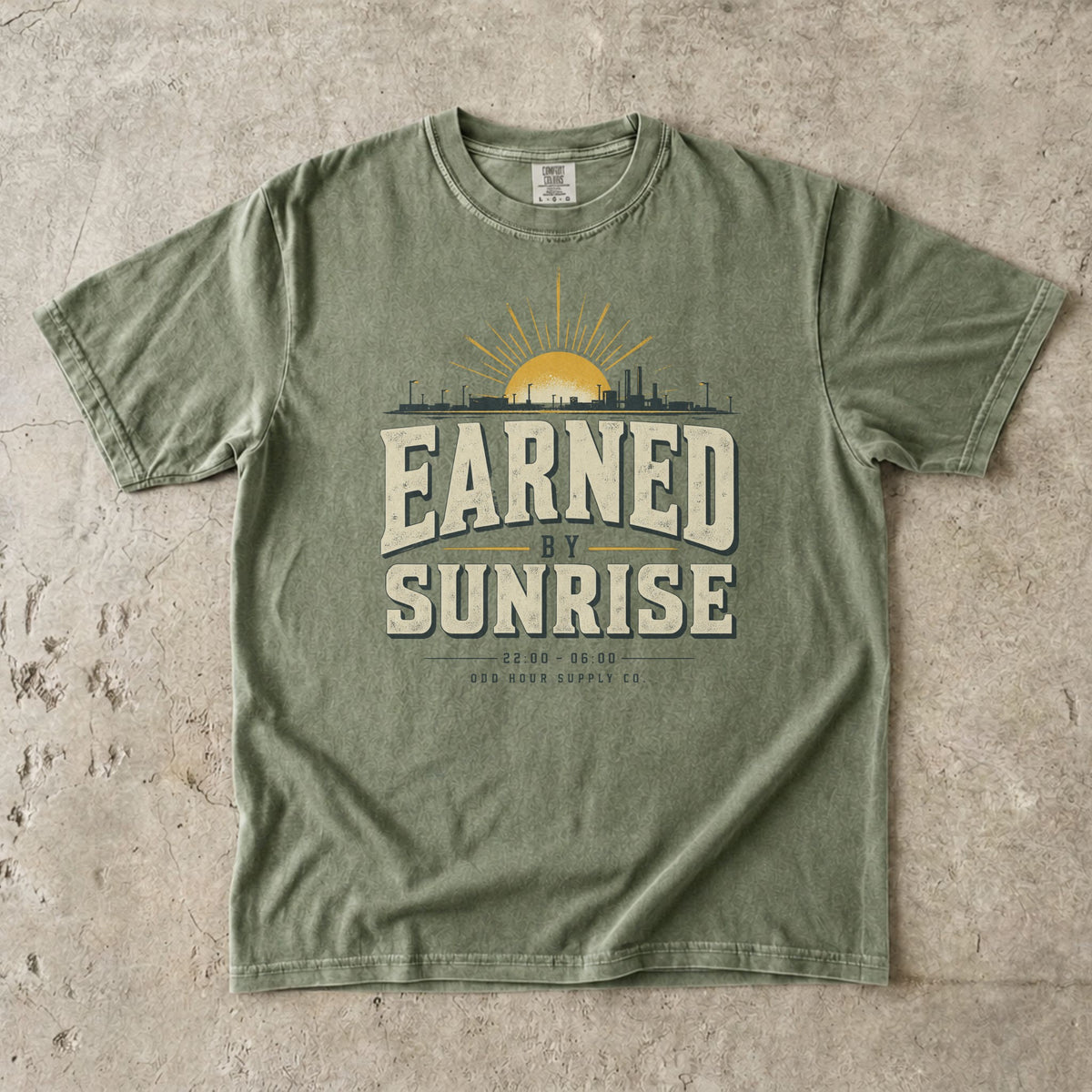 Earned by Sunrise T-Shirt in Hemp – Vorderansicht von Odd Hour Supply.