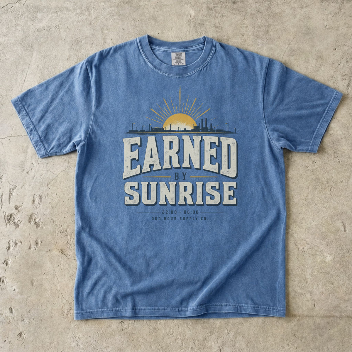 Earned by Sunrise T-Shirt in Washed Denim – Vorderansicht von Odd Hour Supply.