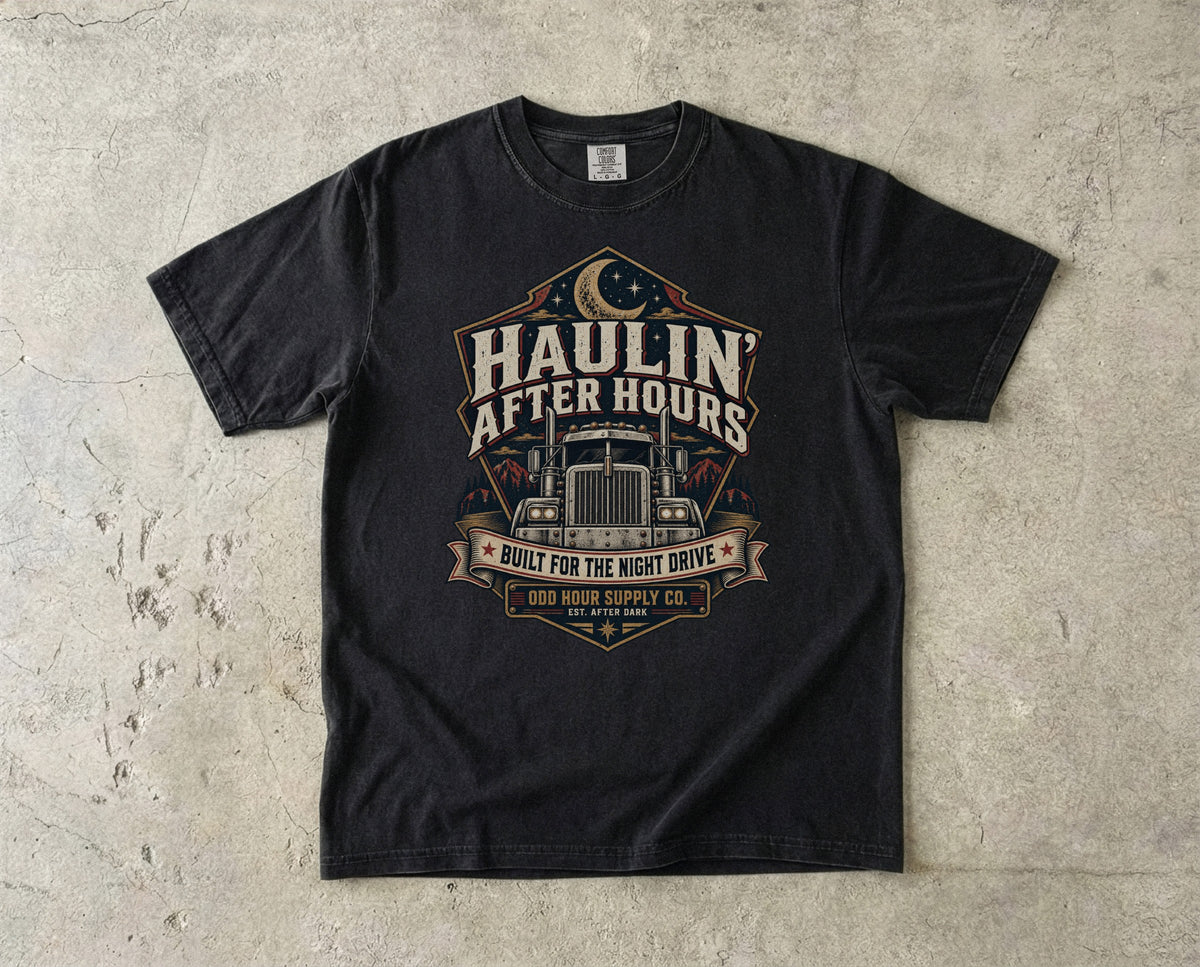 Haulin' After Hours – Night Drive T-Shirt in Schwarz – Vorderansicht von Odd Hour Supply.