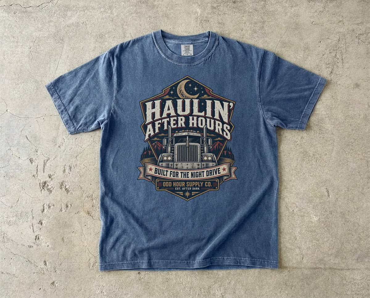 Haulin' After Hours – Night Drive T-Shirt in Denim – Vorderansicht von Odd Hour Supply.