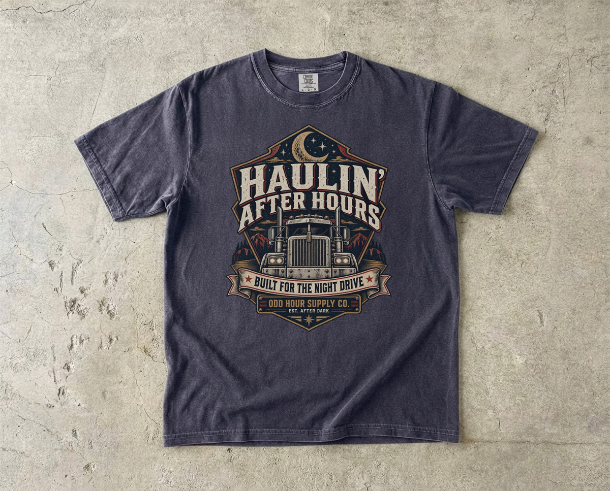 Haulin' After Hours – Night Drive T-Shirt in Graphite – Vorderansicht von Odd Hour Supply.