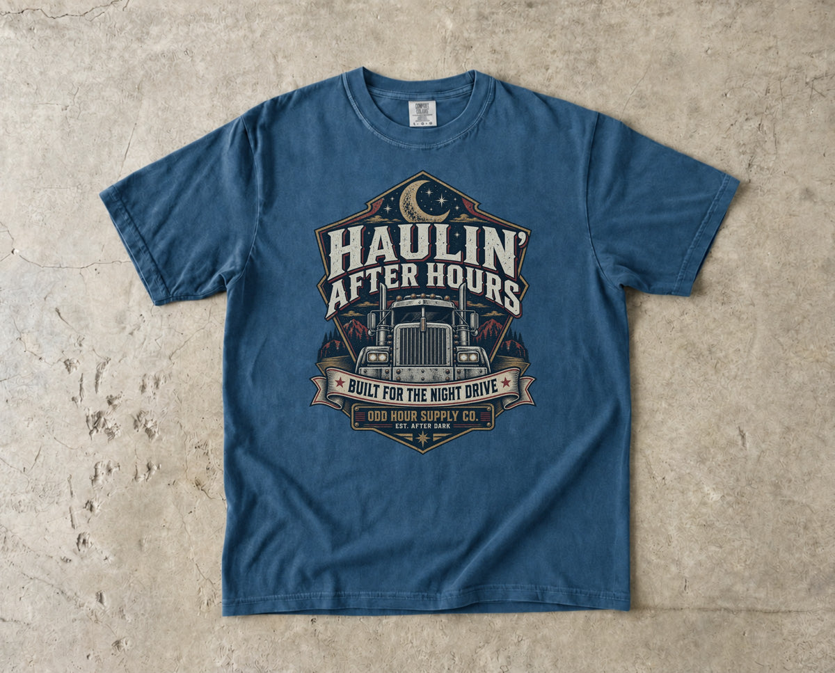 Haulin' After Hours – Night Drive T-Shirt in Midnight – Vorderansicht von Odd Hour Supply.