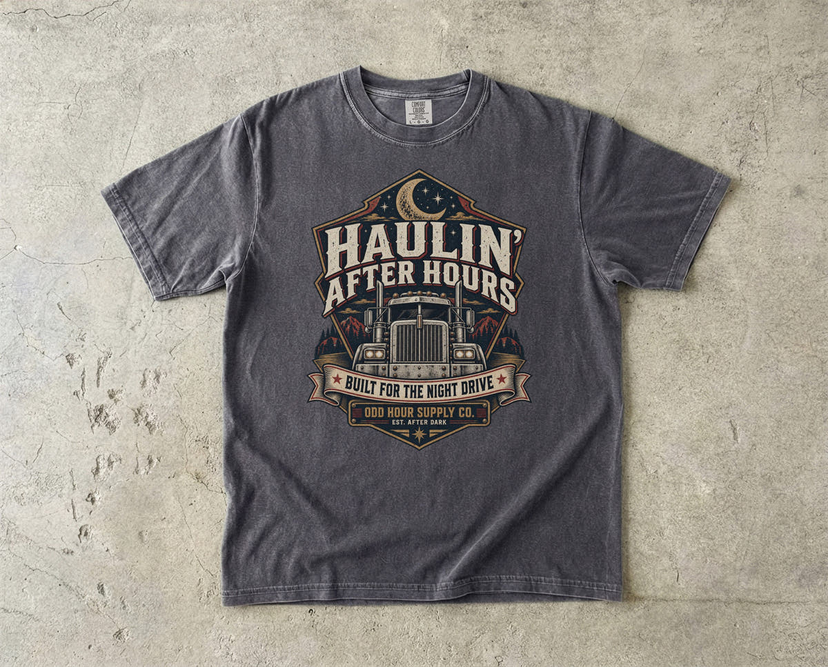 Haulin' After Hours – Night Drive T-Shirt in Pepper – Vorderansicht von Odd Hour Supply.