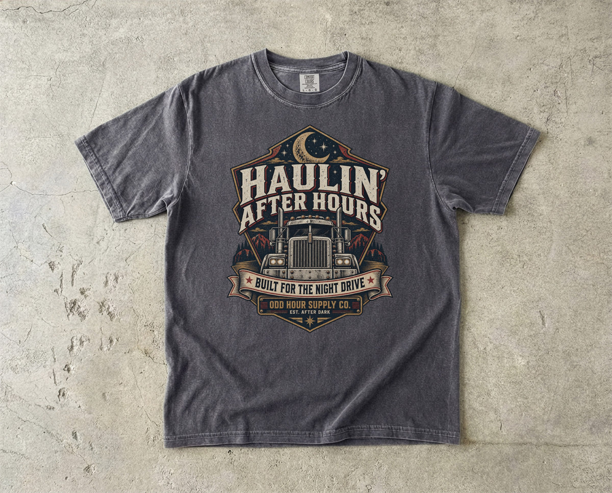 Haulin' After Hours – Night Drive T-Shirt in Pepper – Vorderansicht von Odd Hour Supply.