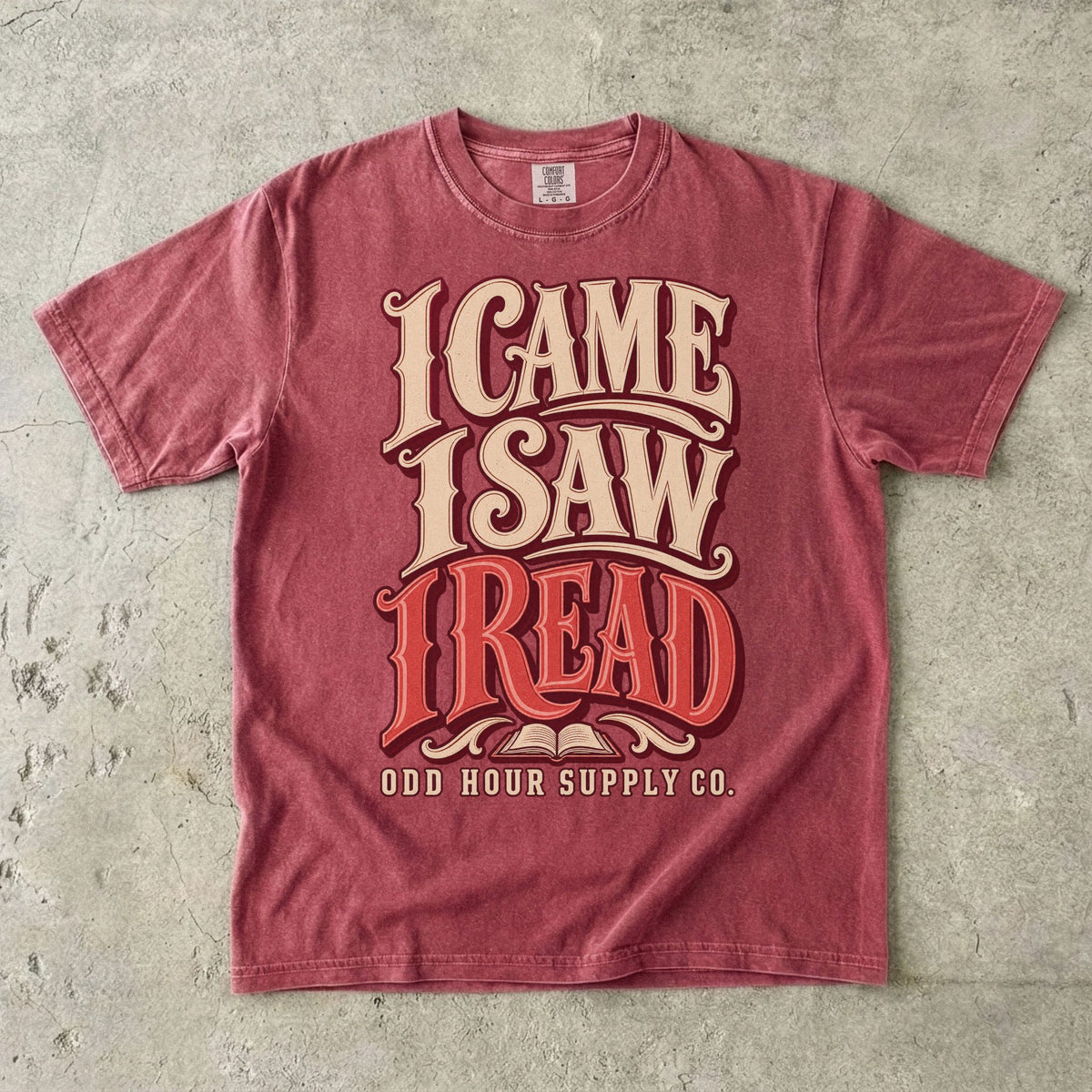 T-Shirt in Brick mit großer Retro-Schrift I CAME I SAW I READ und Odd Hour Supply Co.