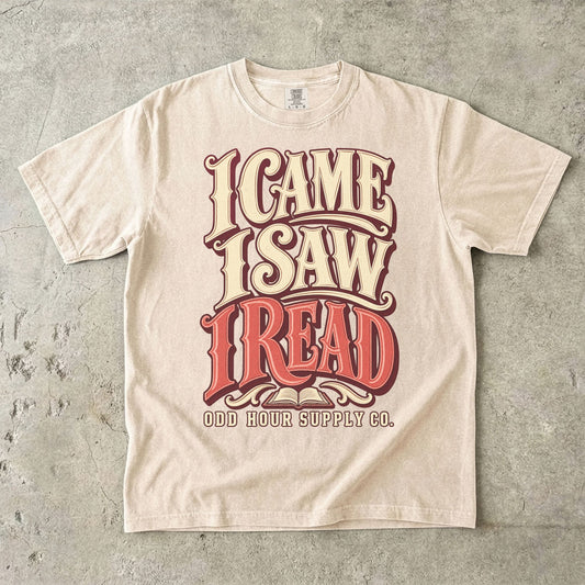T-Shirt in Ivory mit großer Retro-Schrift I CAME I SAW I READ und Odd Hour Supply Co.
