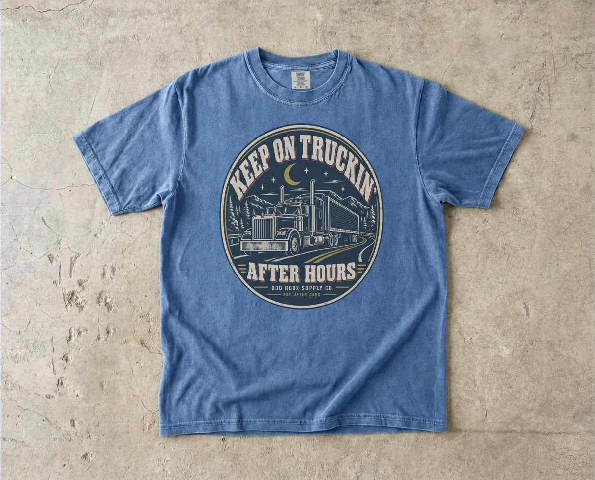 Keep On Truckin' – After Hours T-Shirt in Washed Denim – Vorderansicht von Odd Hour Supply.