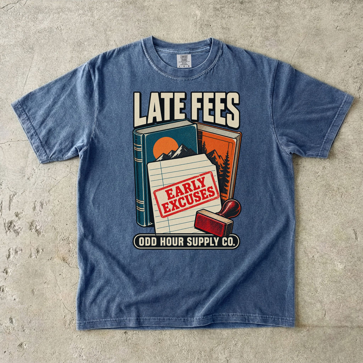 T-Shirt in Denim mit Büchern, Leihkarte, rotem Stempel und LATE FEES EARLY EXCUSES von Odd Hour Supply Co.