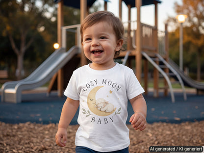 Cozy Moon Lämmchen – Baby T-Shirt – Trageansicht von Odd Hour Supply.
