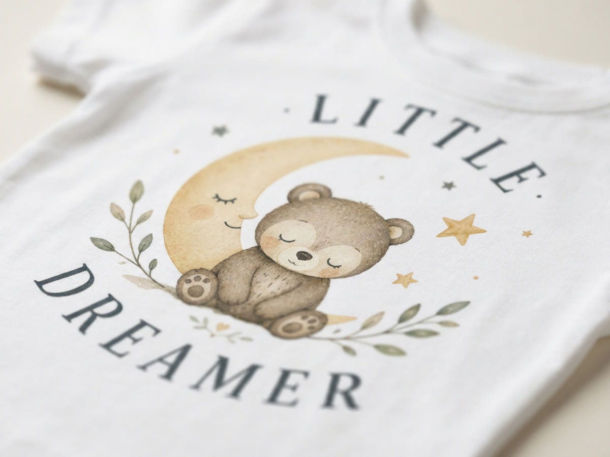 Little Dreamer Teddy Baby T-Shirt – Detailansicht von Odd Hour Supply.