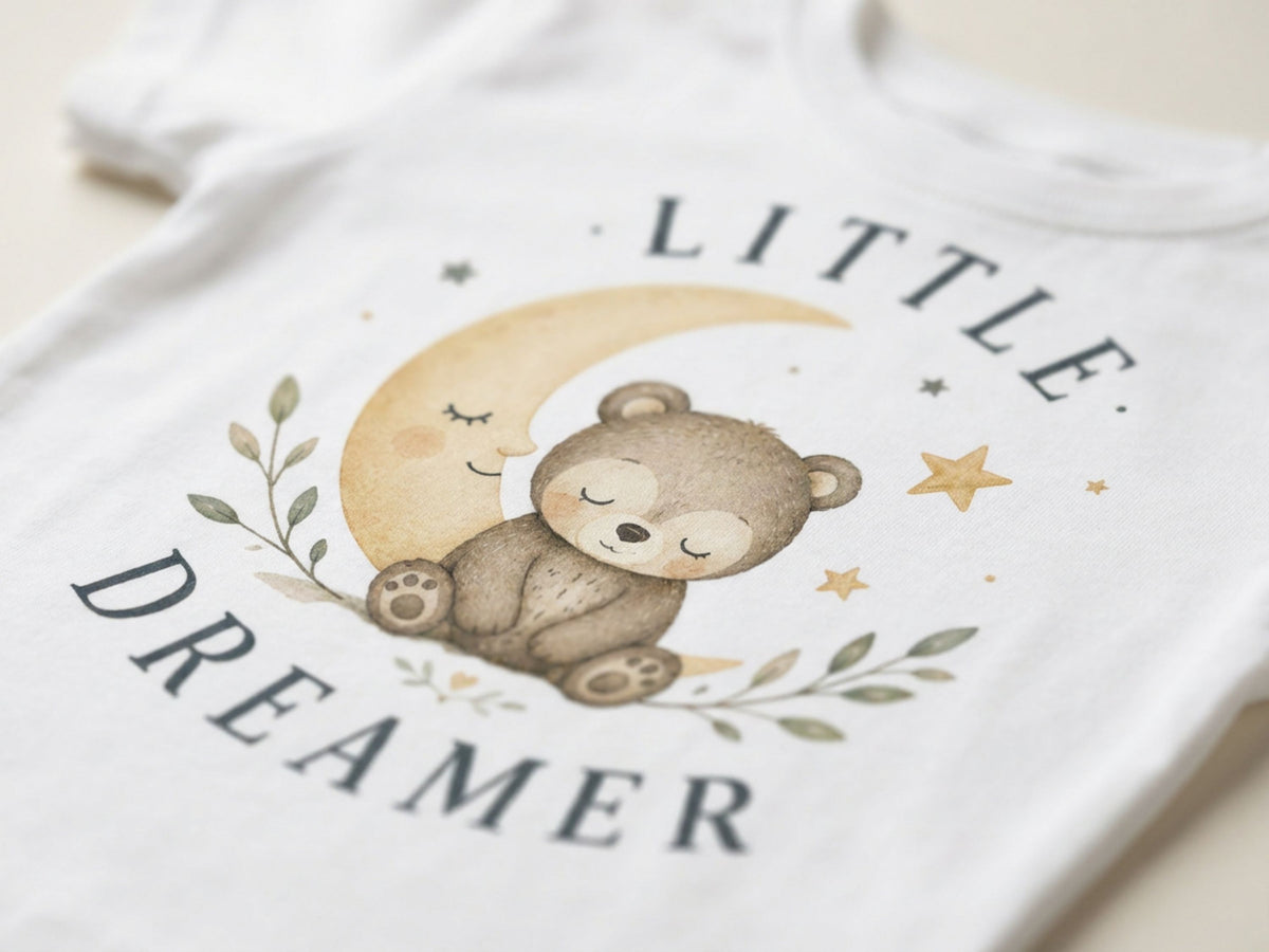 Little Dreamer Teddy Baby T-Shirt – Detailansicht von Odd Hour Supply.