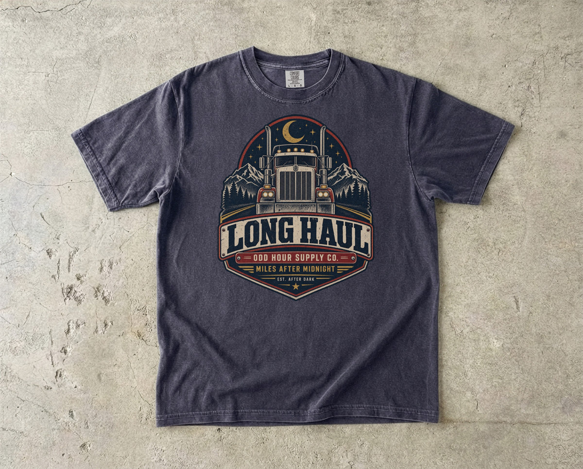 Long Haul – Miles After Midnight T-Shirt in Graphite – Vorderansicht von Odd Hour Supply.
