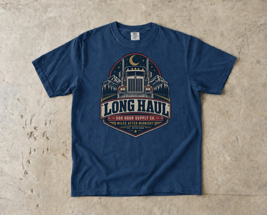 Long Haul – Miles After Midnight T-Shirt in Navy – Vorderansicht von Odd Hour Supply.