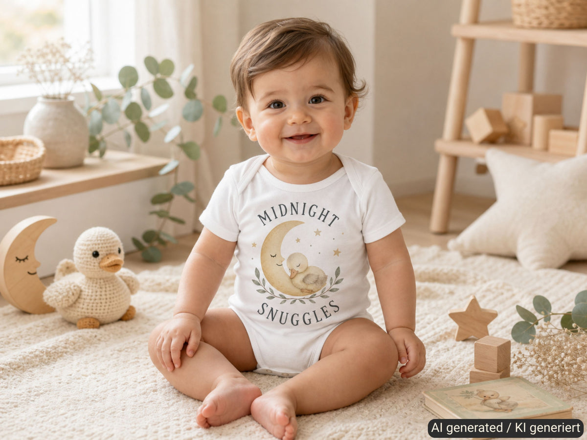Midnight Snuggles Küken Babybody in Midnight – Trageansicht von Odd Hour Supply.