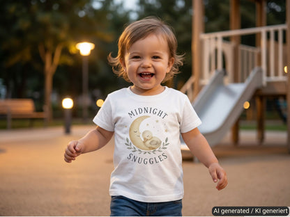 Midnight Snuggles Küken Baby T-Shirt in Midnight – Trageansicht von Odd Hour Supply.