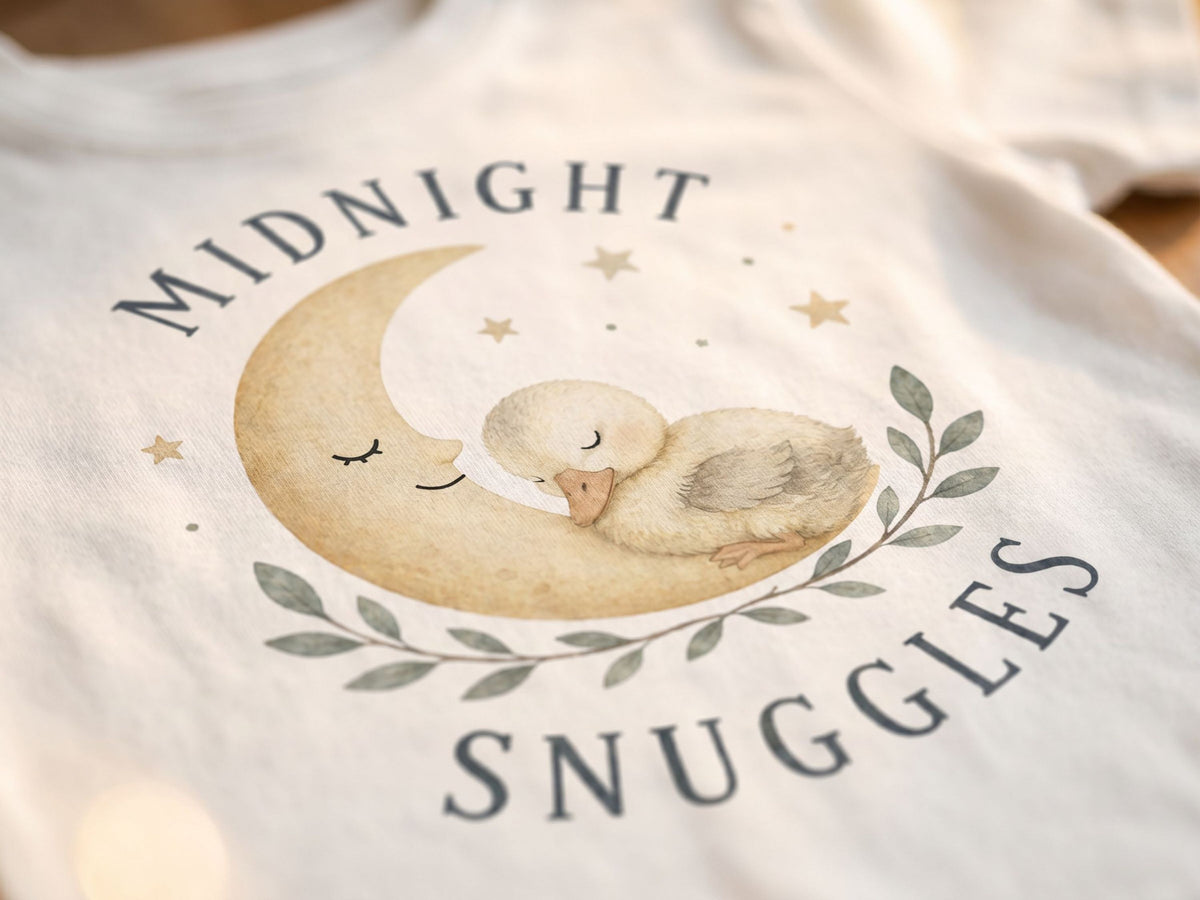 Midnight Snuggles Küken Baby T-Shirt in Midnight – Detailansicht von Odd Hour Supply.
