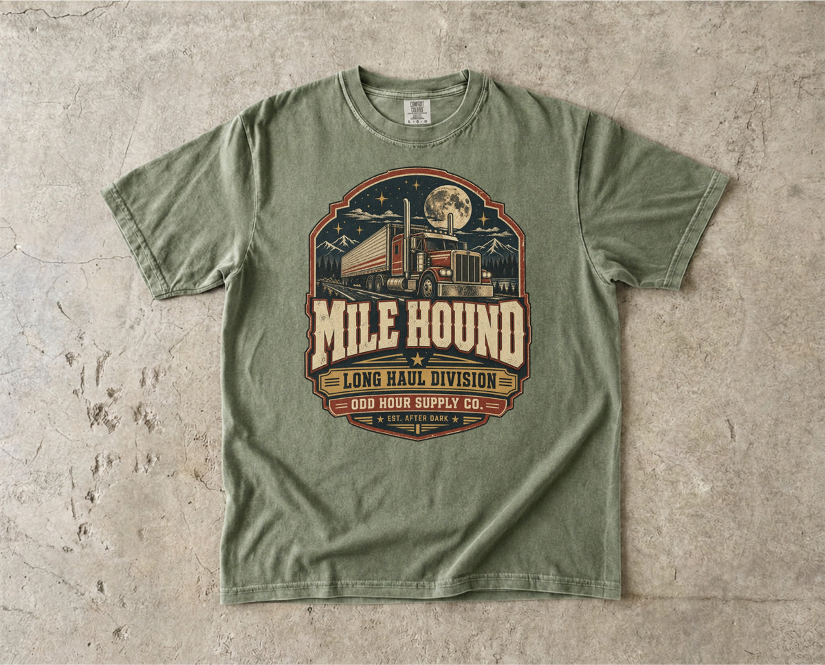 Mile Hound – Long Haul Division T-Shirt in Hemp – Vorderansicht von Odd Hour Supply.