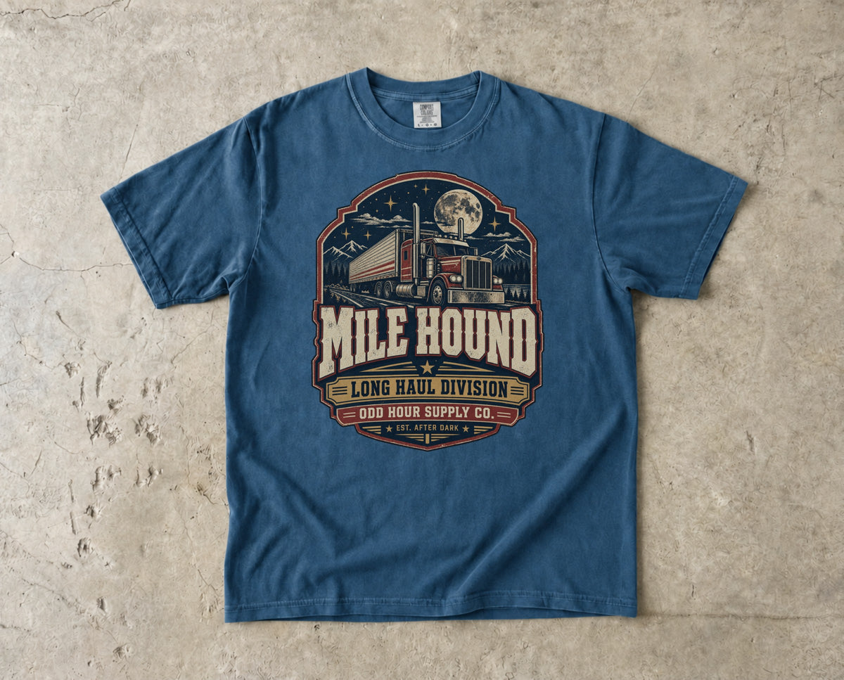 Mile Hound – Long Haul Division T-Shirt in Midnight – Vorderansicht von Odd Hour Supply.