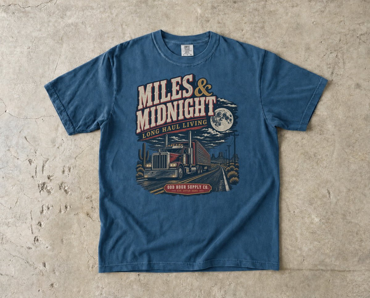 Miles & Midnight – Long Haul Living T-Shirt in Midnight – Vorderansicht von Odd Hour Supply.